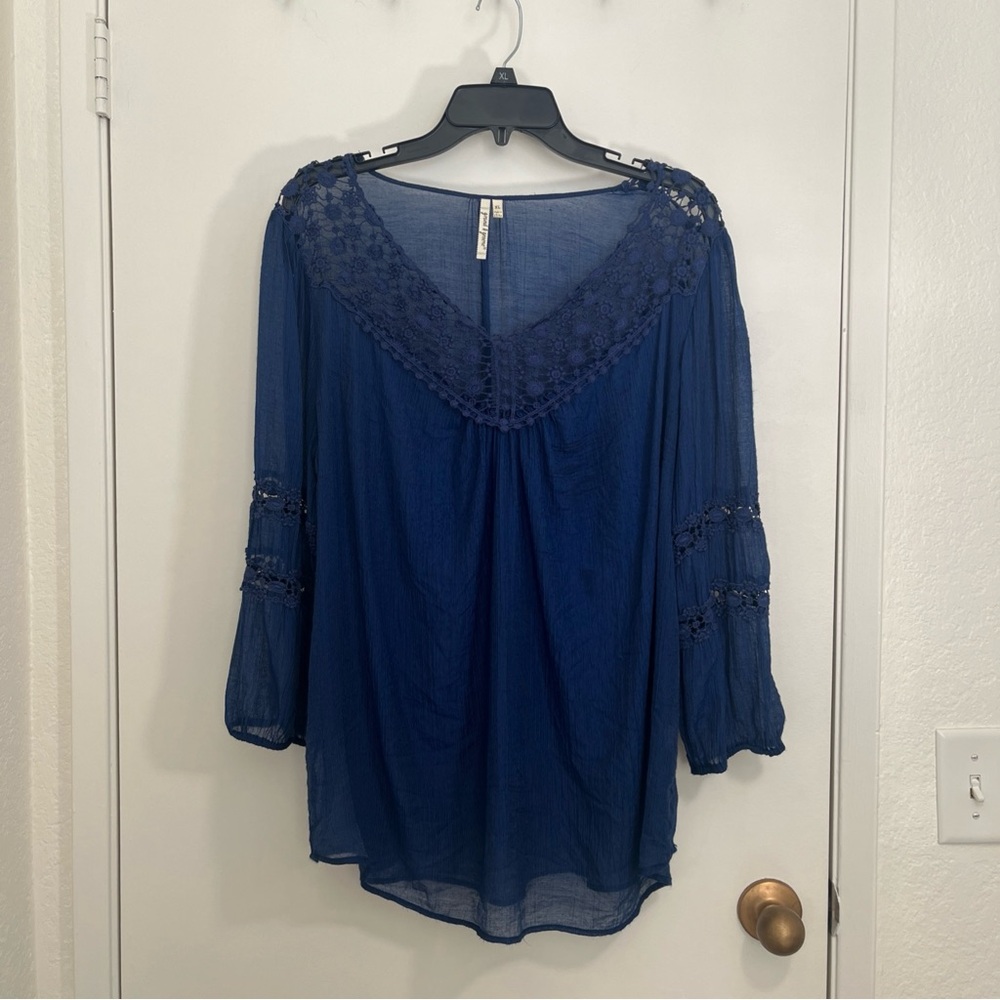 Grand & Greene Navy Blouse Lace Accents Crochet Sheer Whimsy Fairy Cottage Core